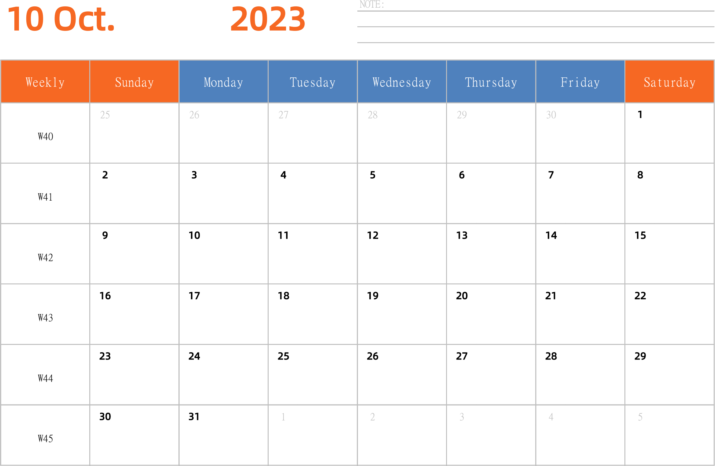 日历表2023年日历 英文版 横向排版 周日开始 带周数